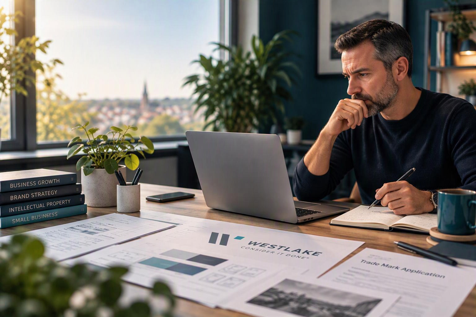 Illustration of a business owner at a desk with a laptop, notebook and trade mark paperwork